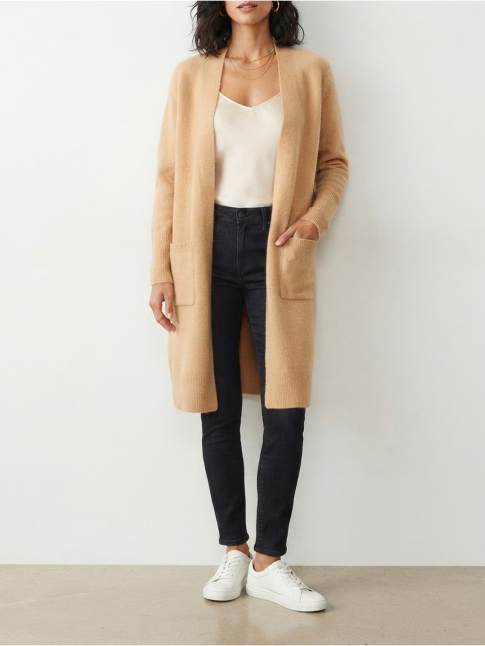 Open-Front Long Women's Cardigan Sweater in Camel